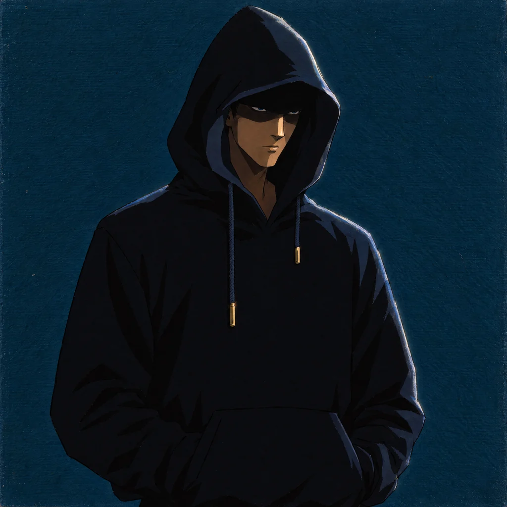Cipher, the lead, waist-up with hood up and hands in his pocket.